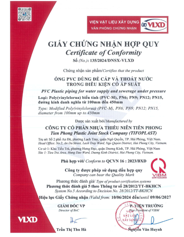 GCN Hợp quy Ống MPVC cấp-thoát nước, có áp suất loại PN6, PN9, PN12 ...