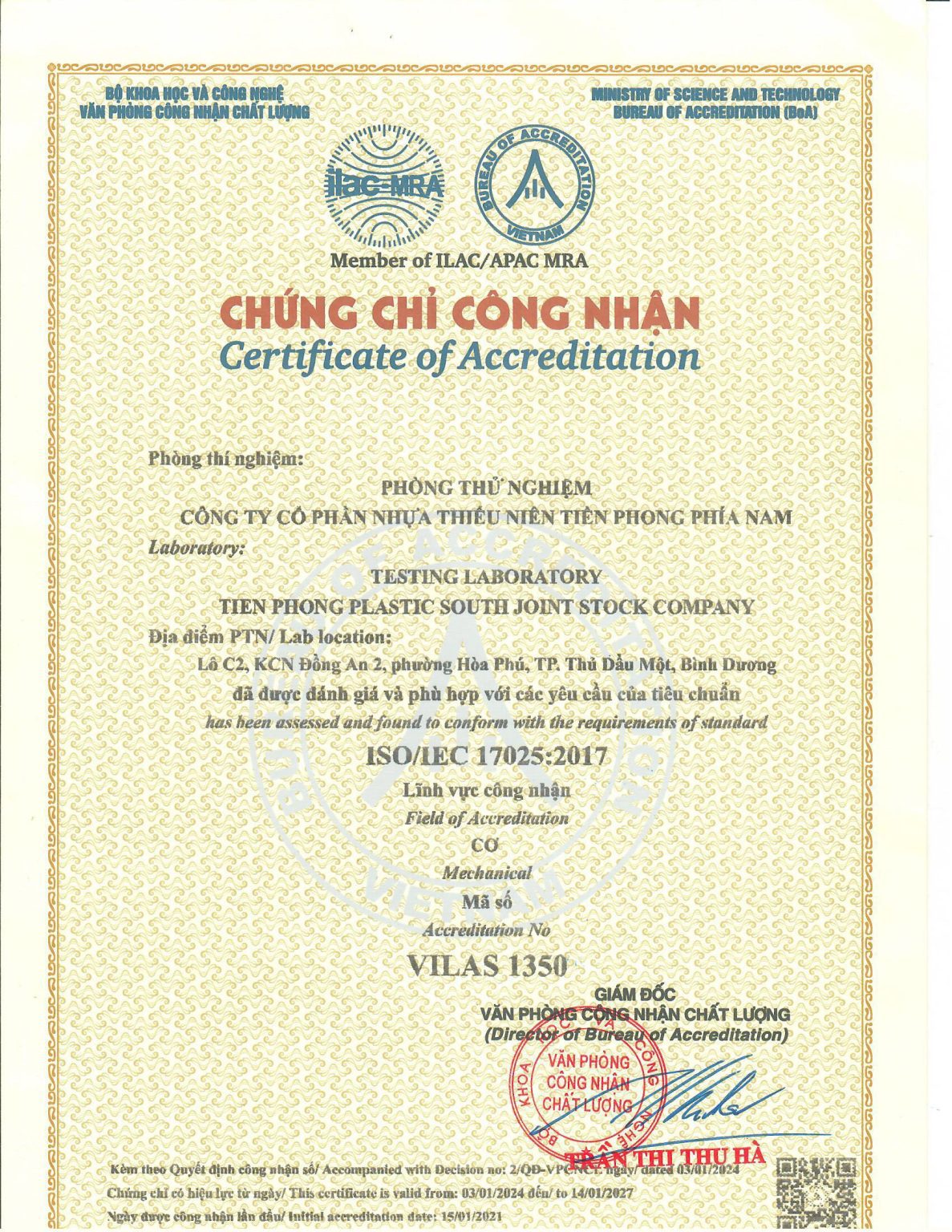 Giấy chứng nhận ISO 17025 - Phòng thử nghiệm VILAS 1350 (2024_2027)