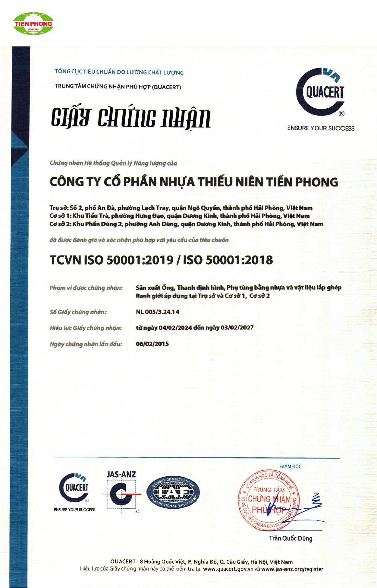 Chứng chỉ chất lượng ống nhựa HDPE Tiền Phong
