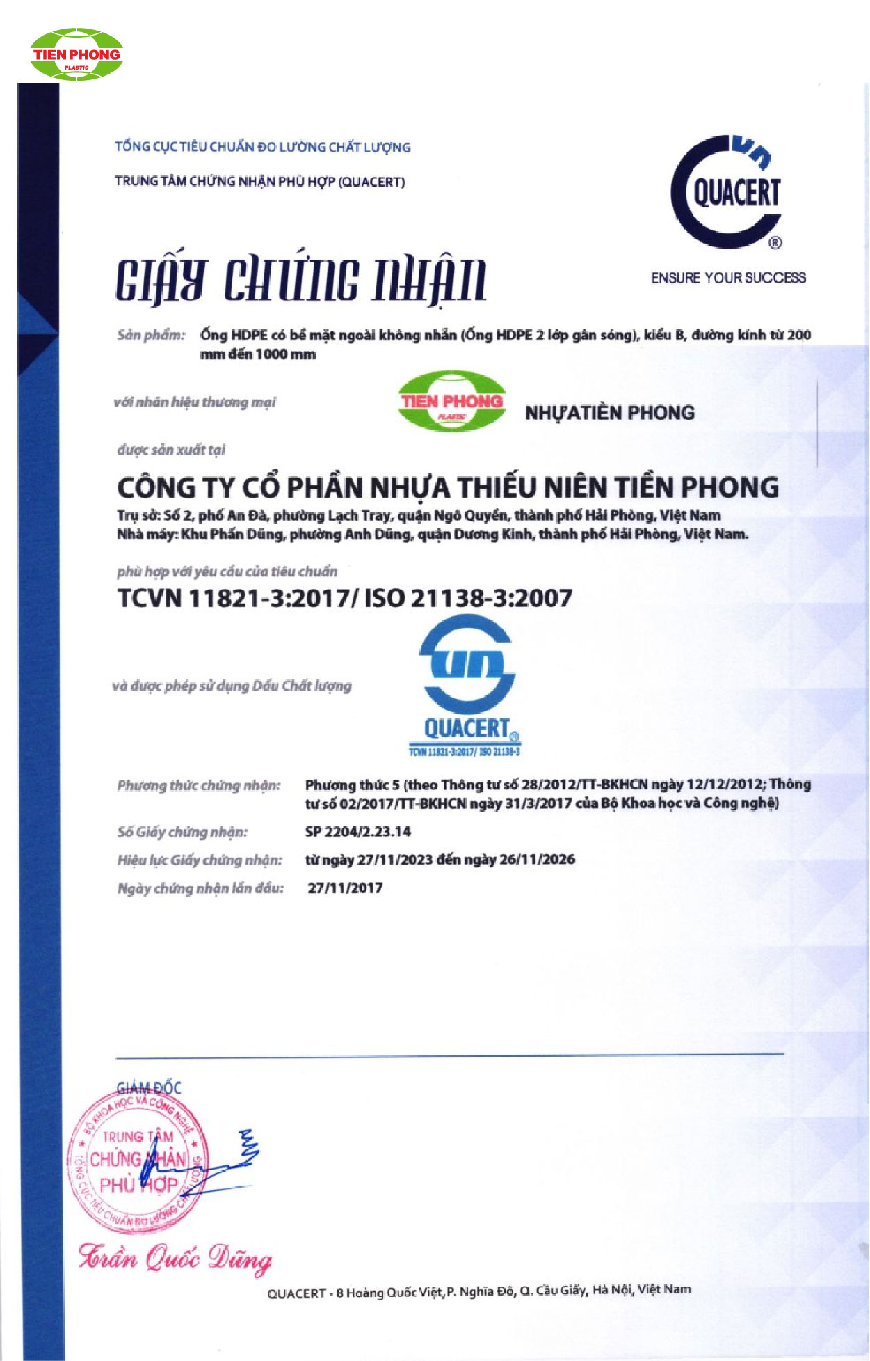 Chứng nhận chất lượng TCVN 11821-3 sản phẩm Nhựa Tiền Phong