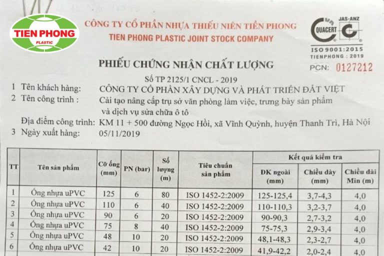 chứng chỉ xuất xưởng ống nhựa Tiền Phong