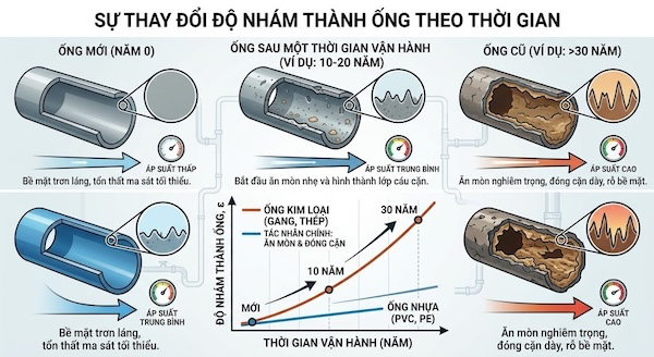 Độ nhám thành ống thay đổi theo thời gian như thế nào?